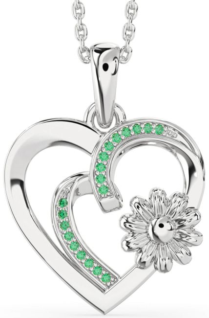 Emerald Silver Heart Flower Necklace