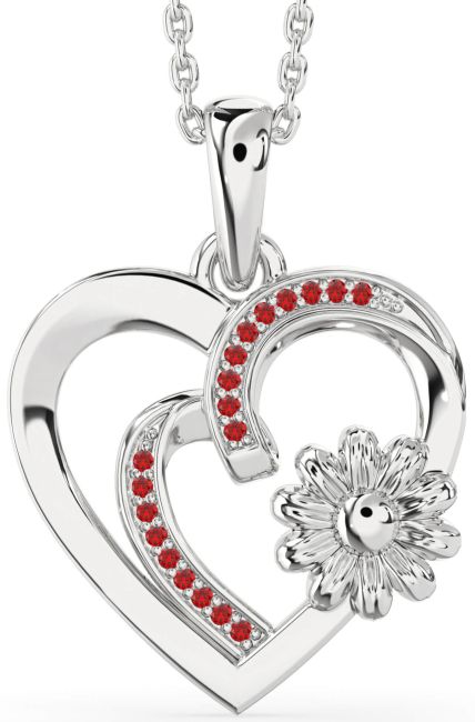 Ruby Silver Heart Flower Necklace