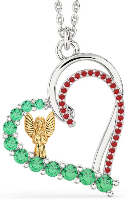 Emerald & Ruby Gold Silver Heart Angel Necklace