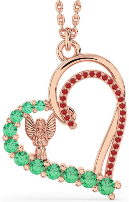 Emerald & Ruby Rose Gold Heart Angel Necklace
