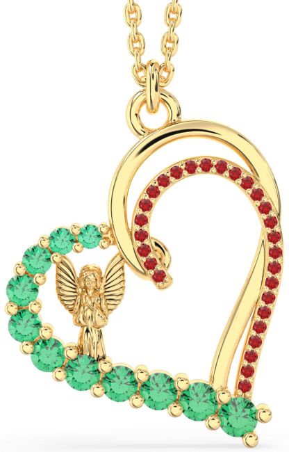 Emerald & Ruby Gold Heart Angel Necklace