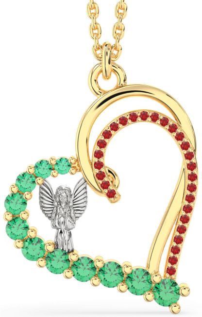 Emerald & Ruby Gold Silver Heart Angel Necklace