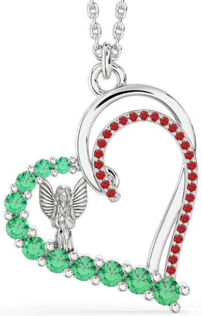 Emerald & Ruby Silver Heart Angel Necklace