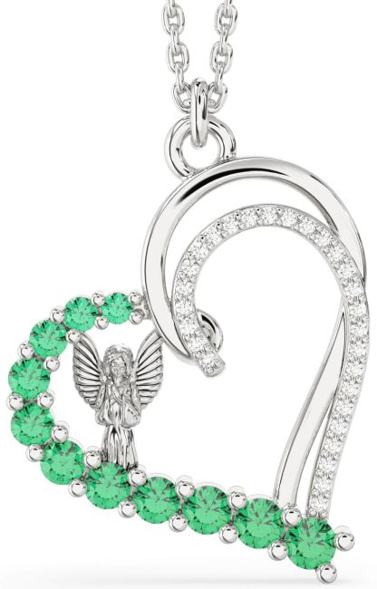 Emerald Silver Heart Angel Necklace