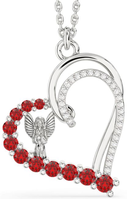 Ruby Silver Heart Angel Necklace