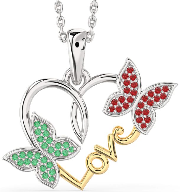 Large Emerald & Ruby Gold Silver Heart Butterfly Necklace