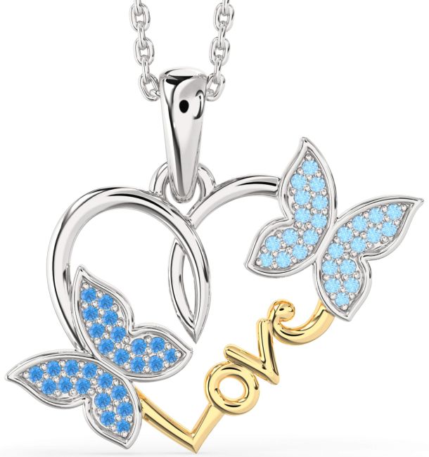 Large Swiss Blue Topaz & Aquamarine Platinum & Yellow Gold Heart Butterfly Necklace
