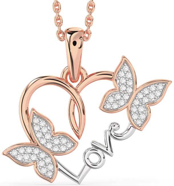 Large Diamond Rose Gold Silver Heart Butterfly Necklace
