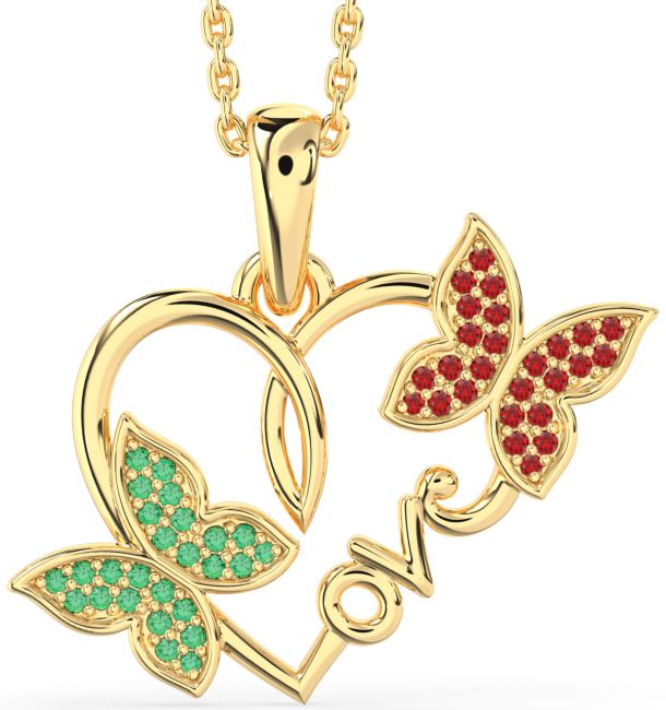 Large Emerald & Ruby Gold Heart Butterfly Necklace