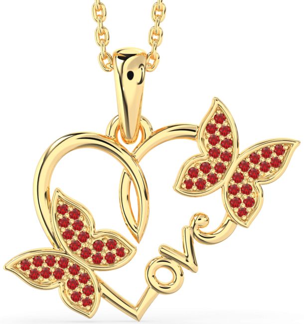 Large Ruby Gold Silver Heart Butterfly Necklace