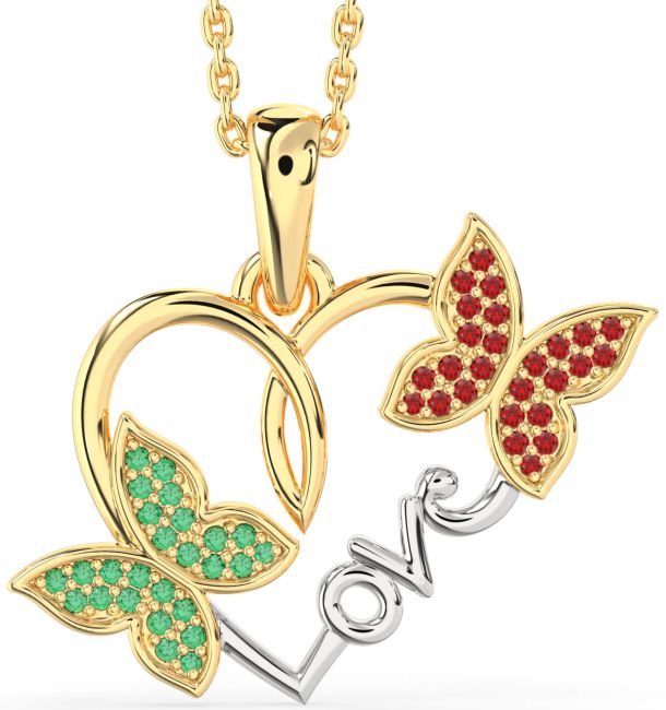 Large Emerald & Ruby Gold Silver Heart Butterfly Necklace