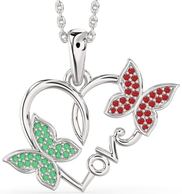 Large Emerald & Ruby Silver Heart Butterfly Necklace