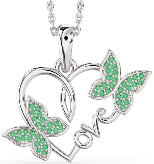 Large Emerald Silver Heart Butterfly Necklace