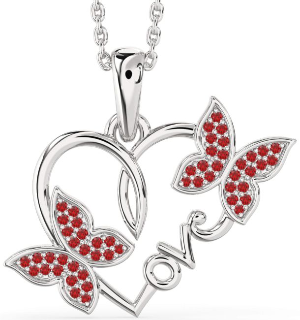Large Ruby Silver Heart Butterfly Necklace