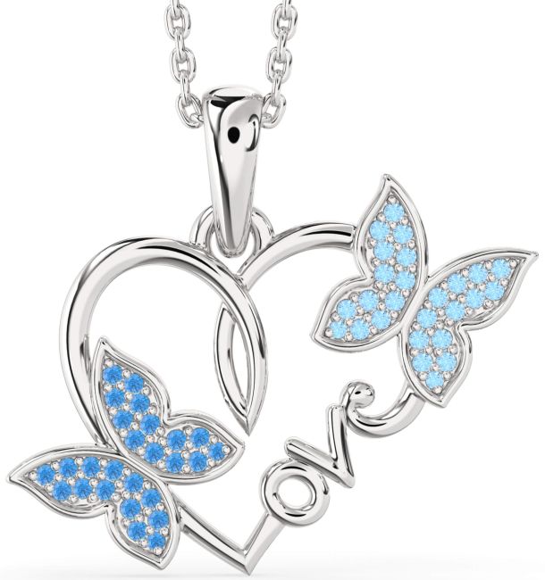 Large Swiss Blue Topaz & Aquamarine White Gold Heart Butterfly Necklace
