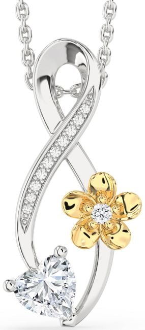 Diamond Silver & 10K gold Infinity Heart Flower Necklace