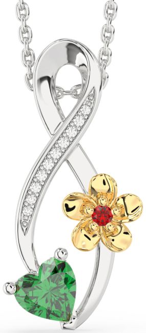 Diamond Emerald & Ruby Gold Silver Infinity Heart Flower Necklace