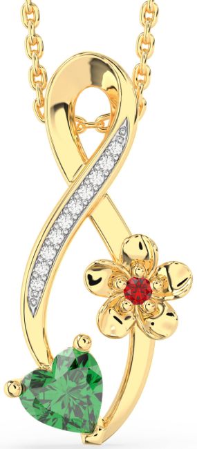 Diamond Emerald & Ruby Gold Infinity Heart Flower Necklace