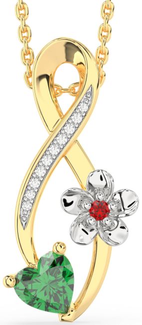 Diamond Emerald & Ruby Gold Silver Infinity Heart Flower Necklace