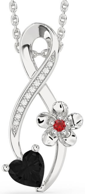 Black Diamond & Ruby Silver Infinity Heart Flower Necklace