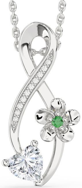 Emerald & Diamond Silver Infinity Heart Flower Necklace