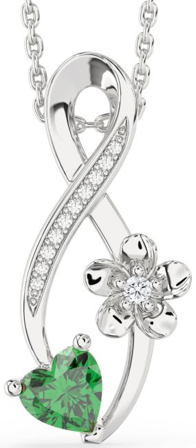 Diamond & Emerald Silver Infinity Heart Flower Necklace