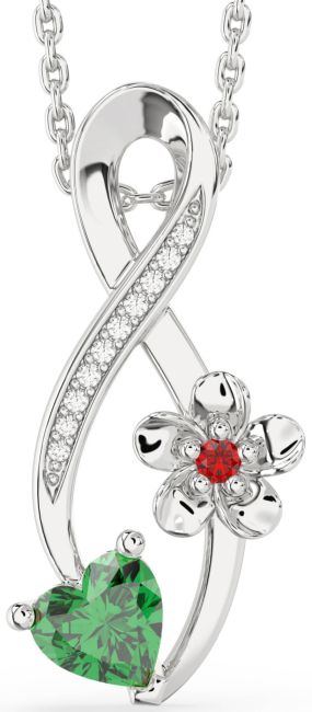 Diamond Emerald & Ruby Silver Infinity Heart Flower Necklace