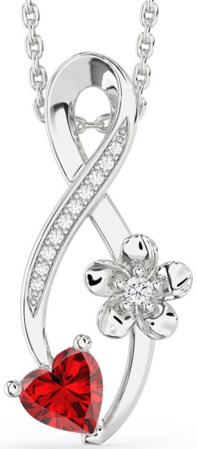 Diamond & Ruby Silver Infinity Heart Flower Necklace