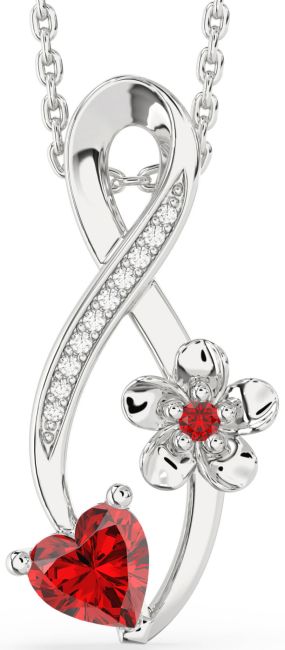 Diamond Ruby Silver Infinity Heart Flower Necklace