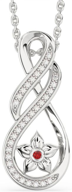 Diamond Ruby Silver Infinity Flower Necklace
