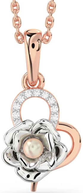 Diamond White Rose Gold Pearl Heart Flower Necklace