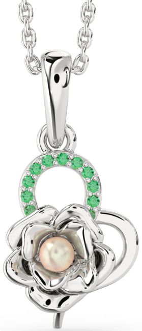 Emerald Silver Pearl Heart Flower Necklace