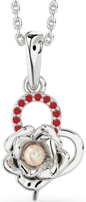 Ruby Silver Pearl Heart Flower Necklace