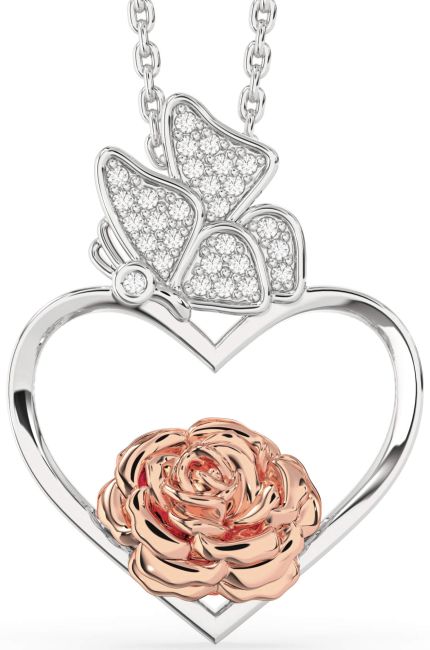 Diamond Platinum & Rose Gold Heart Flower Butterfly Necklace