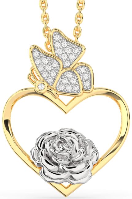 Diamond White Yellow Gold Heart Flower Butterfly Necklace