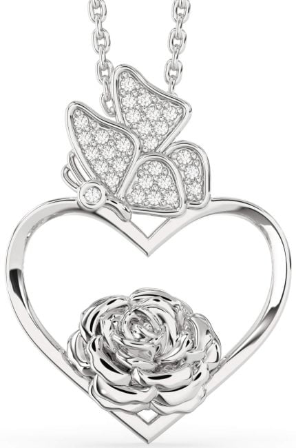Diamond Silver Heart Flower Butterfly Necklace
