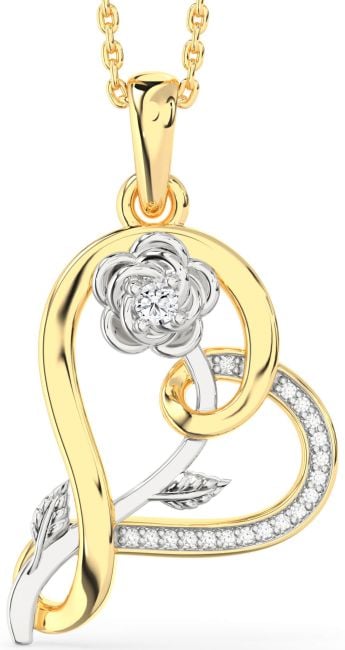 Diamond Platinum & Yellow Gold Heart Flower Necklace