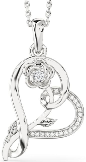 Diamond Silver Heart Flower Necklace