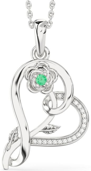 Diamond Emerald Silver Heart Flower Necklace
