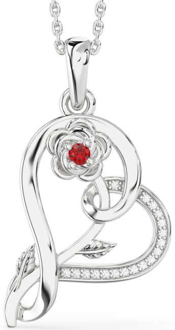 Diamond Ruby Silver Heart Flower Necklace