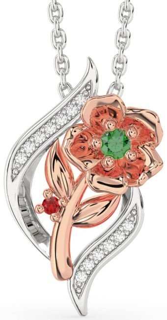 Diamond Emerald & Ruby Platinum & Rose Gold Flower Necklace