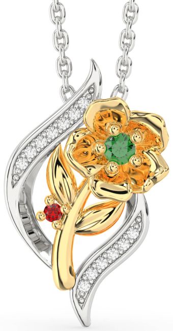 Diamond Emerald & Ruby Gold Silver Flower Necklace