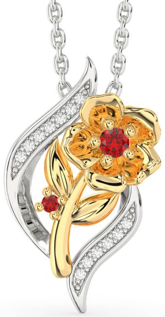 Diamond Ruby Gold Silver Flower Necklace