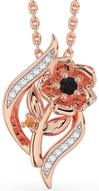 Black Diamond & Citrine Rose Gold Silver Flower Necklace