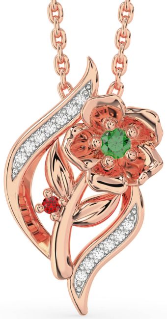 Diamond Emerald & Ruby Rose Gold Flower Necklace