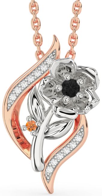 Black Diamond & Citrine White Rose Gold Flower Necklace