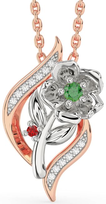 Diamond Emerald & Ruby Rose Gold Silver Flower Necklace