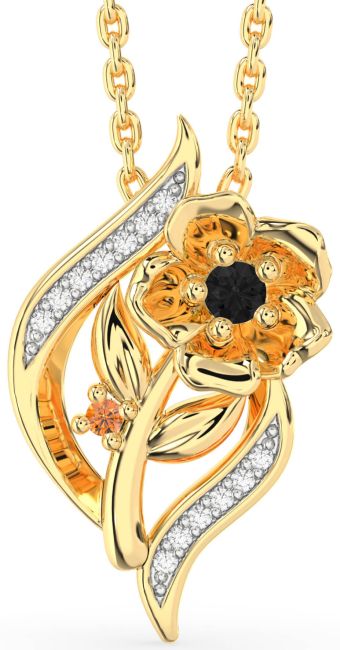 Black Diamond & Citrine Gold Flower Necklace