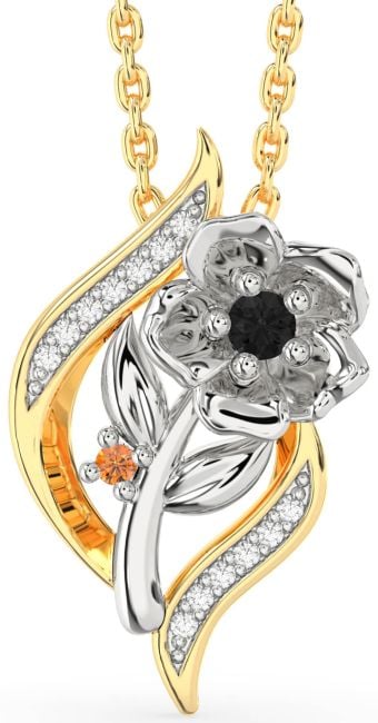 Black Diamond & Citrine Gold Silver Flower Necklace