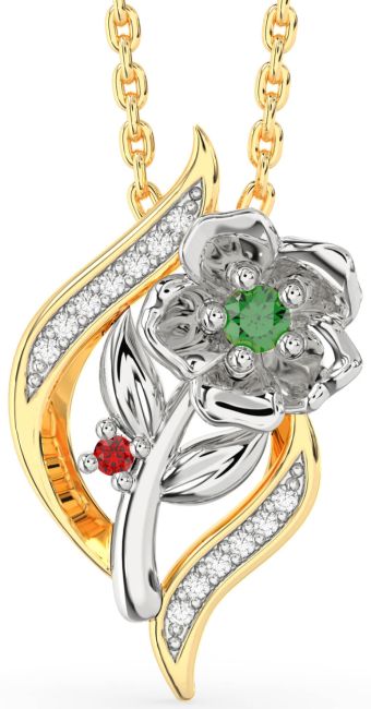 Diamond Emerald & Ruby Gold Silver Flower Necklace